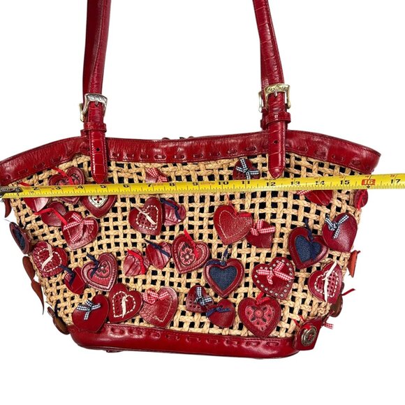 Brighton Wicker Leather Purse Red Hearts Applique Shoulder Handbag Handled Tote - Picture 14 of 16